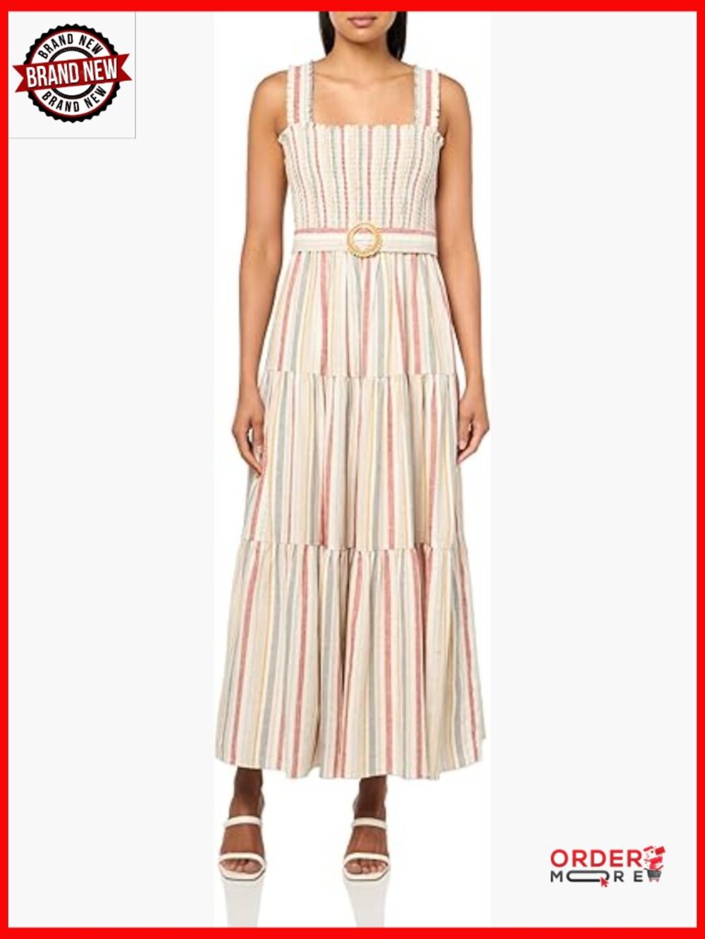 Smocked Bodice Fit & Flare Midi Dress with Belt Linen